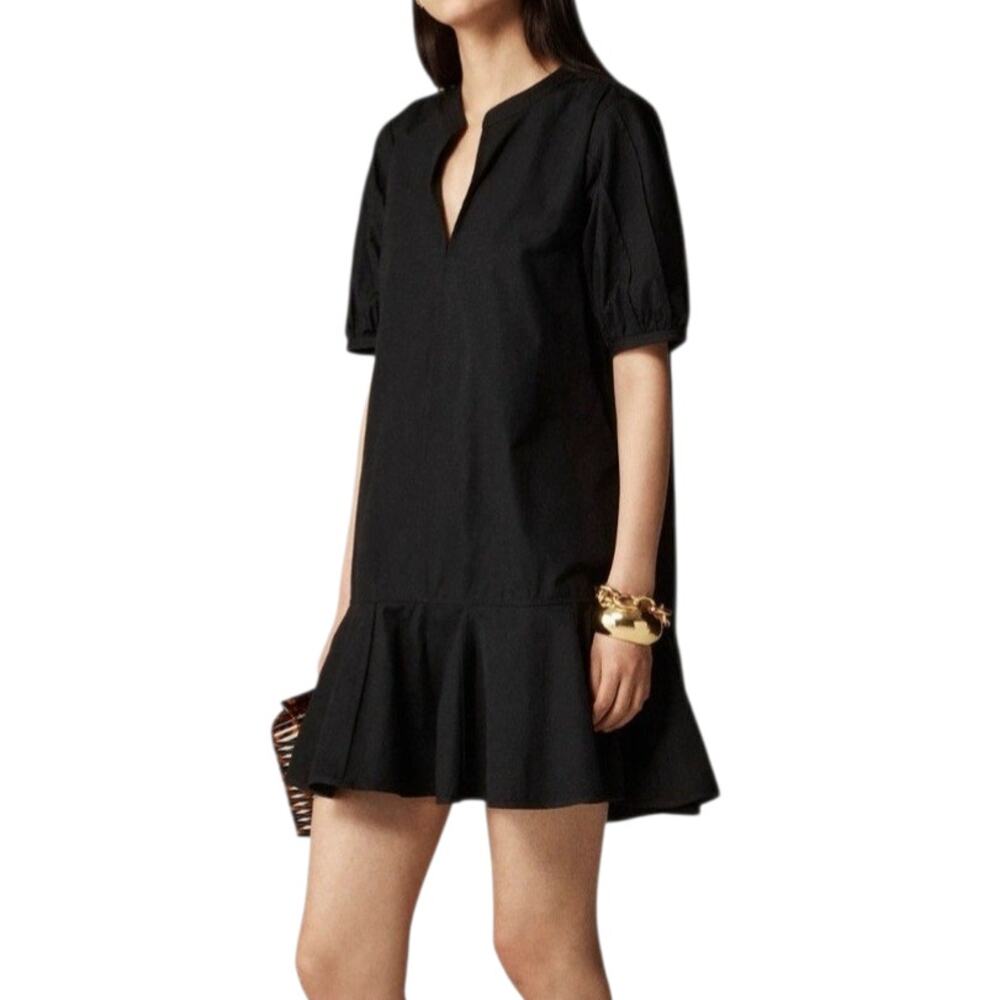 J Crew Delilah Mini Dress Black Cotton Poplin Split V Neck Puff Sleeve Small
